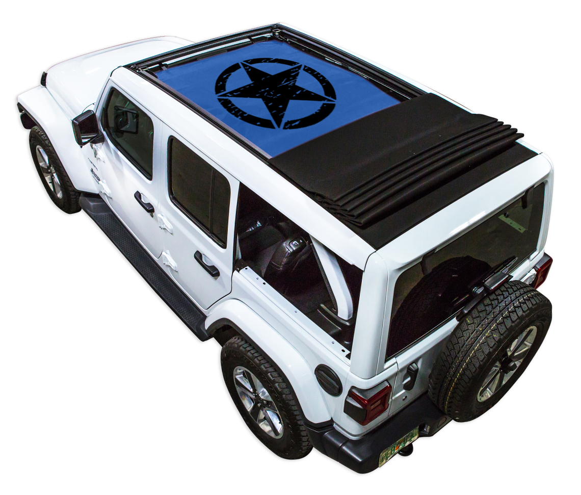 SPIDERWEBSHADE Jeep Wrangler JLU Sky One-Touch Oscar Mike Distressed Blue 2024–2026