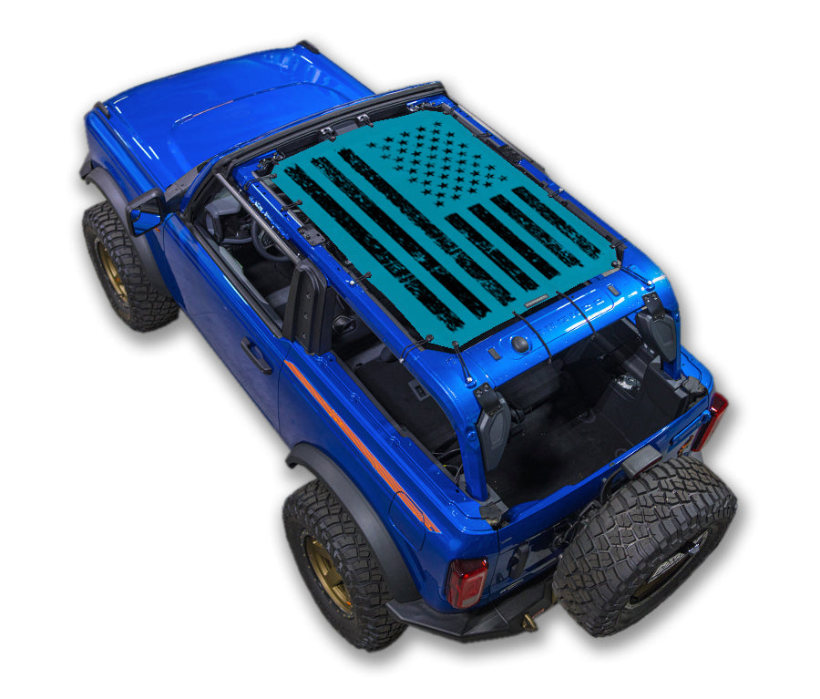 SPIDERWEBSHADE Ford Bronco Tactical Flag mesh sun shade – Distressed, 2-Door, Teal