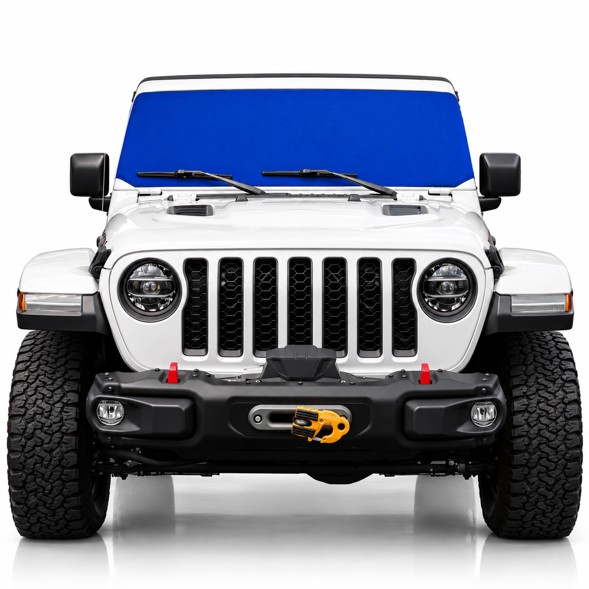 White Jeep Wrangler front view with blue solid color Solar Shield on windshield | Spider Web Shade
