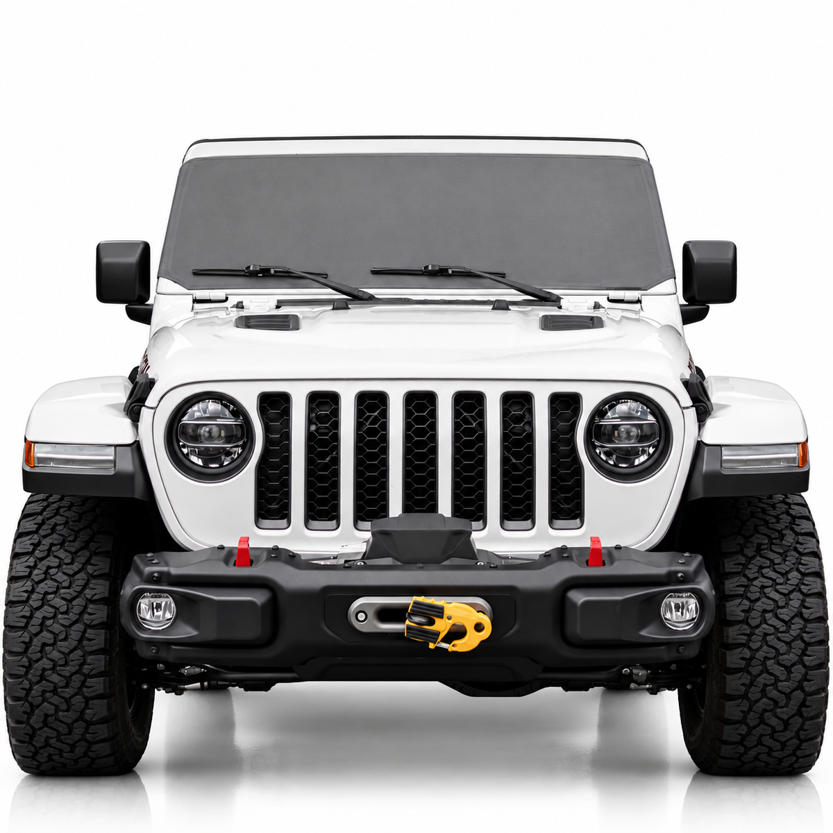 White Jeep Wrangler front view with gray solid color Solar Shield on windshield | Spider Web Shade