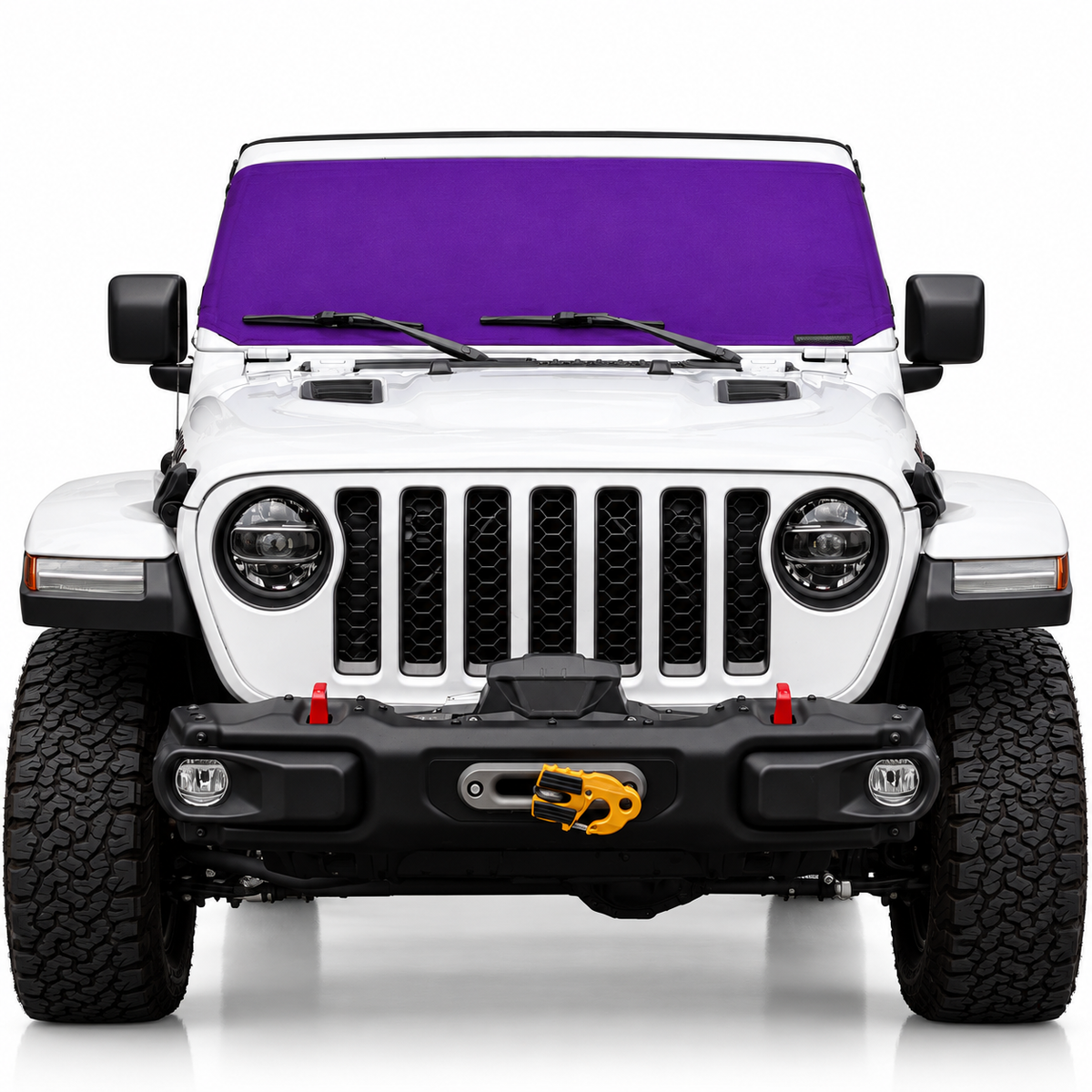 White Jeep Wrangler front view with purple solid color Solar Shield on windshield | Spider Web Shade