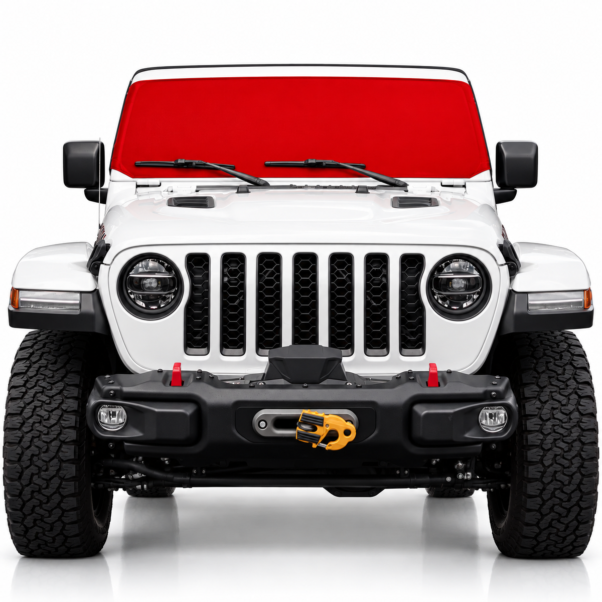 White Jeep Wrangler front view with red solid color Solar Shield on windshield | Spider Web Shade