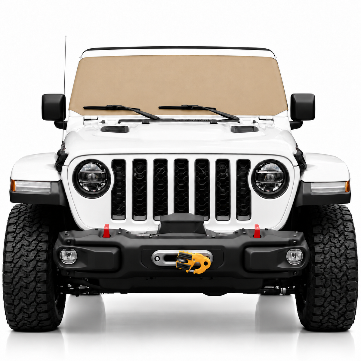 White Jeep Wrangler front view with tan solid color Solar Shield on windshield | Spider Web Shade