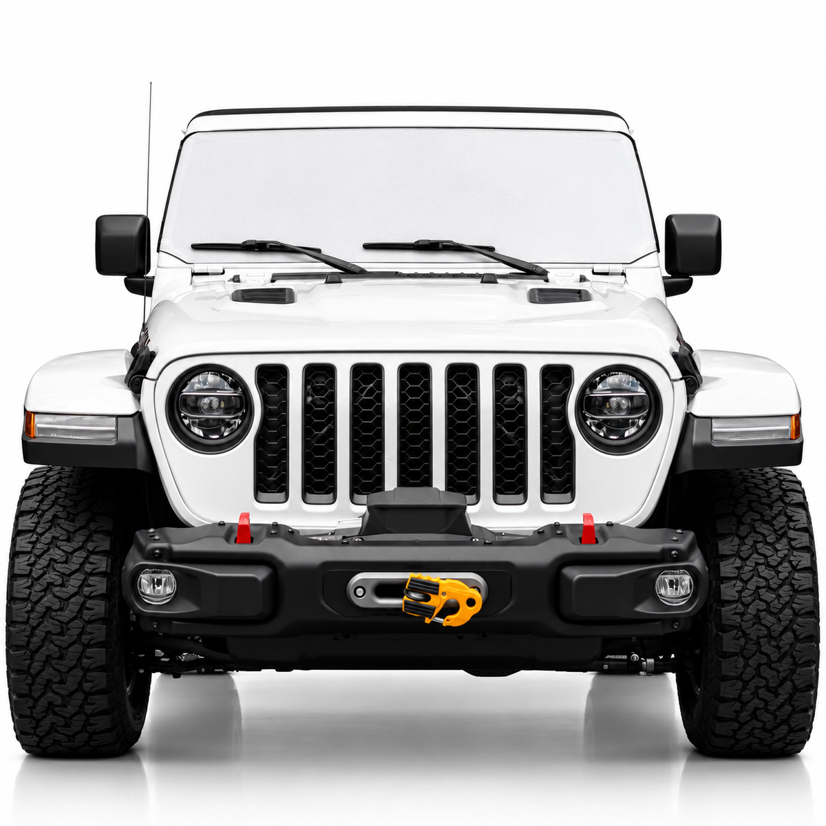 White Jeep Wrangler front view with white solid color Solar Shield on windshield | Spider Web Shade