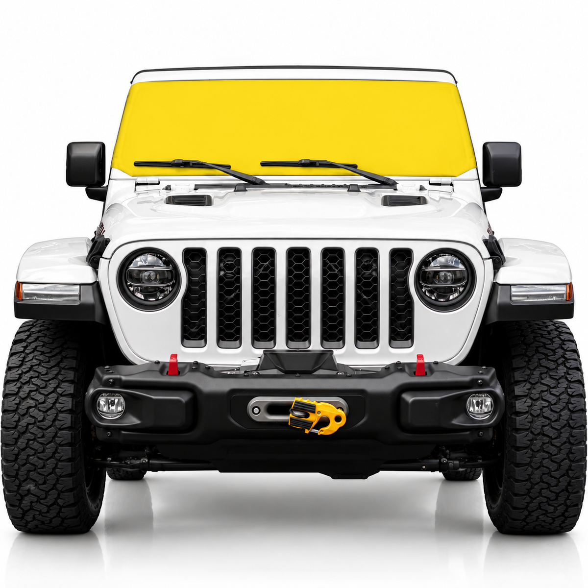 White Jeep Wrangler front view with yellow solid color Solar Shield on windshield | Spider Web Shade