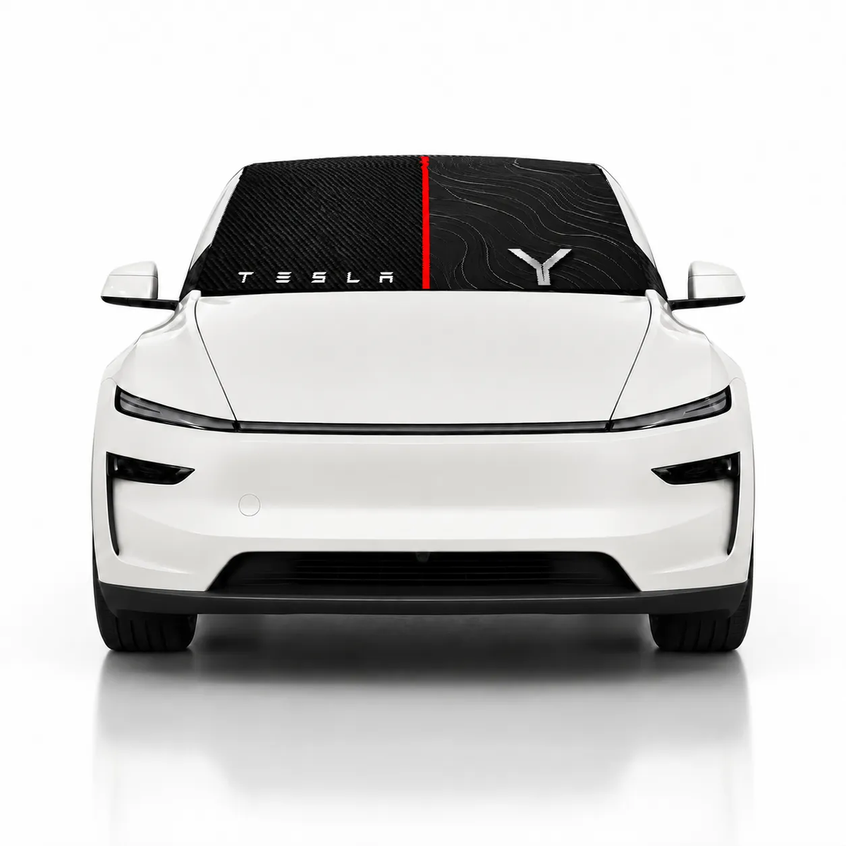Front view of white Tesla Model Y with Model Y Carbon Fusion print (black carbon pattern with red center stripe, Tesla wordmark and Y badge) Solar Shield on windshield | Spider Web Shade