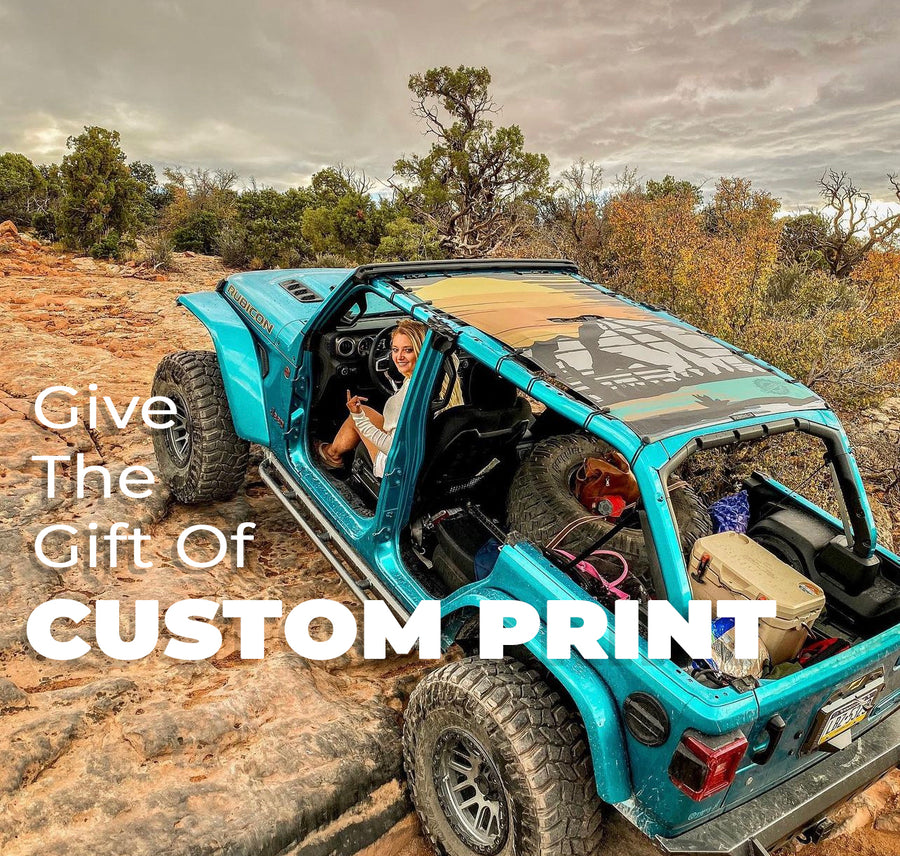Custom printed shade top on Jeep off roading to showcase giving the gift of a custom printed shadetop
