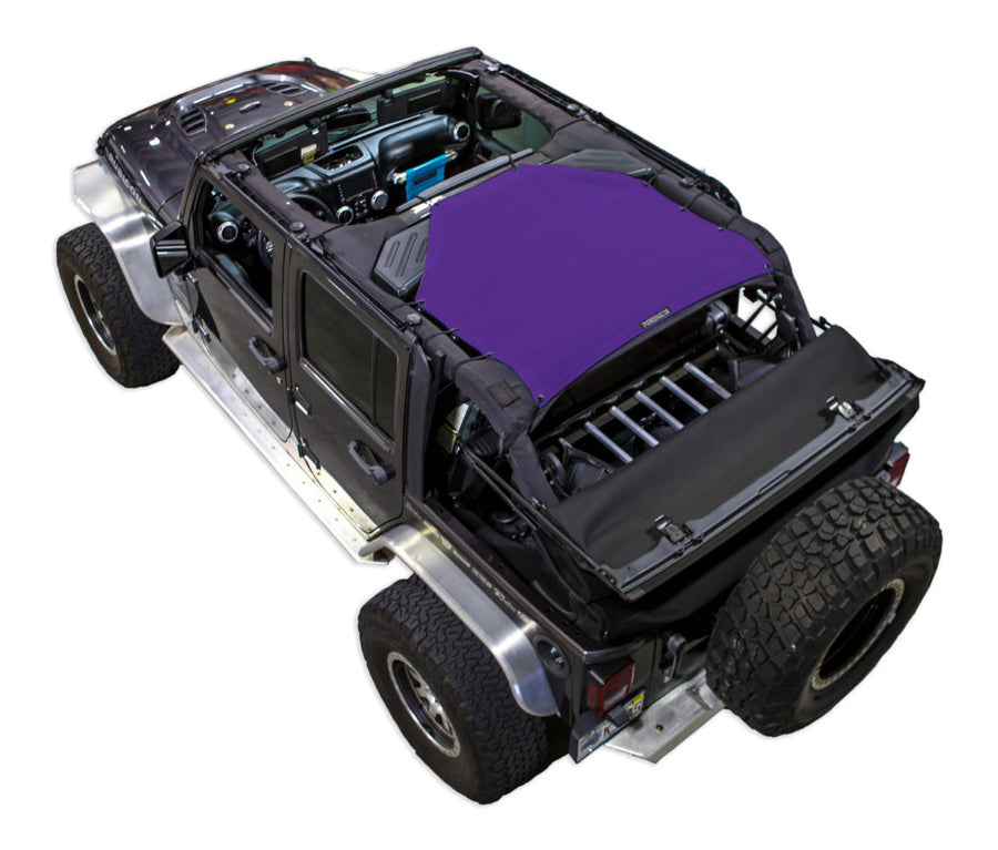 Black Rubicon JK four door Jeep with purple SPIDERWEBSHADE shade on top that only covers rear passenger seats from the sound bar to the back cross member of the roll cage.
