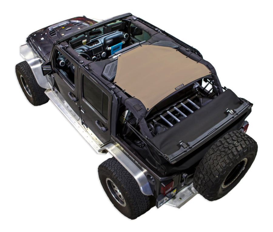 Black Rubicon JK four door Jeep with tan SPIDERWEBSHADE shade on top that only covers rear passenger seats from the sound bar to the back cross member of the roll cage.