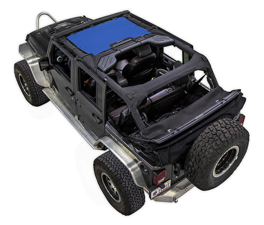 Black Rubicon JK four door Jeep with blue SPIDERWEBSHADE shade on top that only covers front seat riders from windshield frame extending to the rear to the sound bar. 