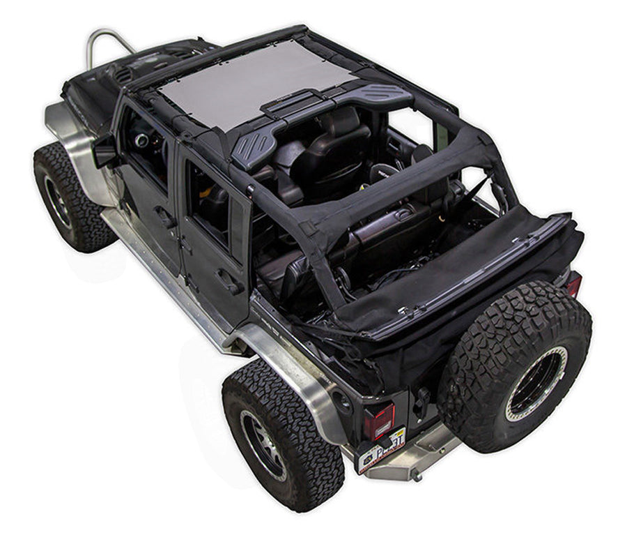 Black Rubicon JK four door Jeep with grey SPIDERWEBSHADE shade on top that only covers front seat riders from windshield frame extending to the rear to the sound bar. 