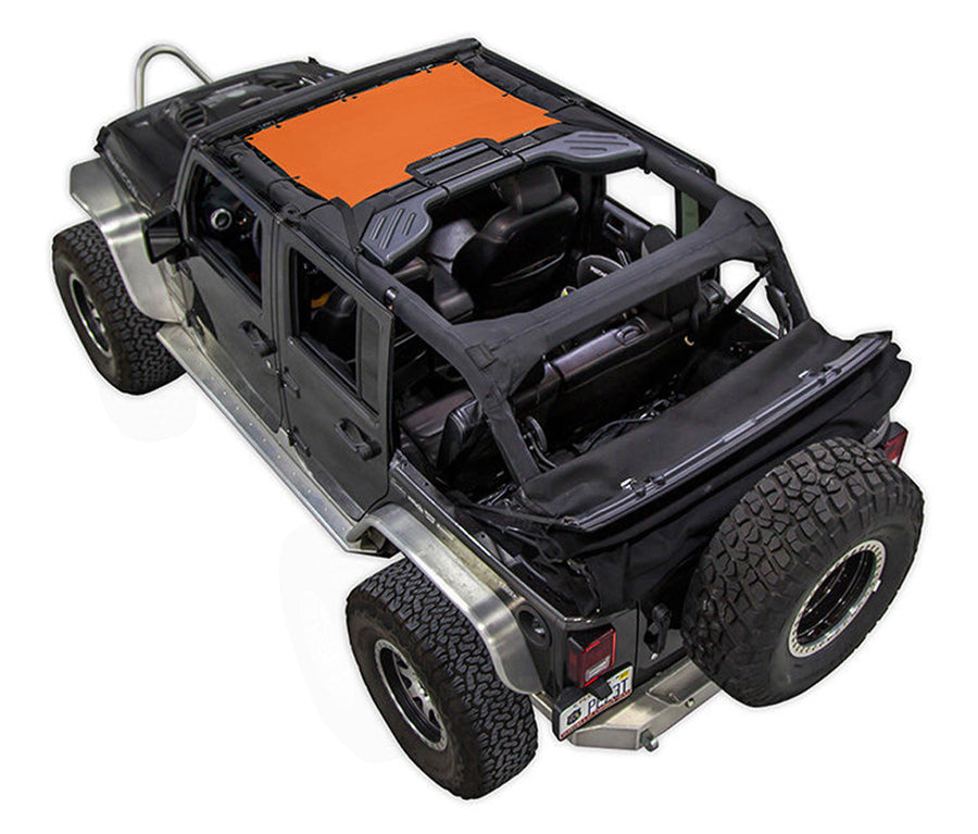 Black Rubicon JK four door Jeep with orange SPIDERWEBSHADE shade on top that only covers front seat riders from windshield frame extending to the rear to the sound bar. 