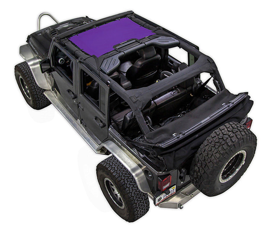 Black Rubicon JK four door Jeep with purple SPIDERWEBSHADE shade on top that only covers front seat riders from windshield frame extending to the rear to the sound bar. 