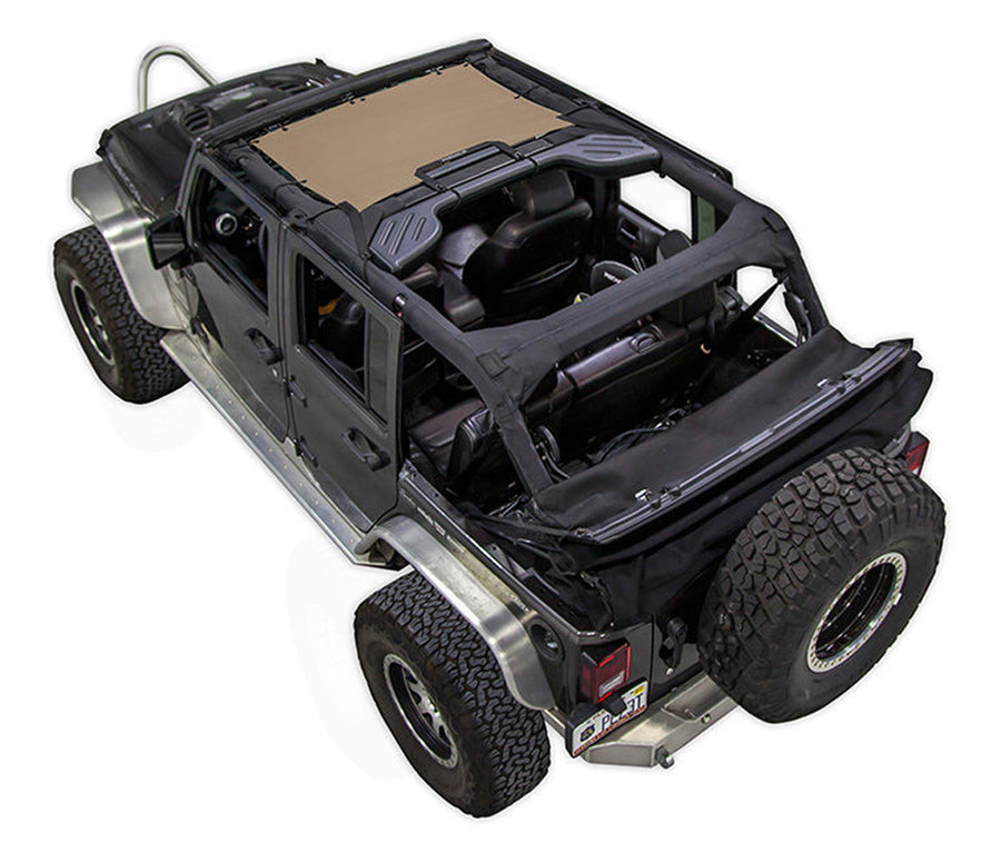 Black Rubicon JK four door Jeep with tan SPIDERWEBSHADE shade on top that only covers front seat riders from windshield frame extending to the rear to the sound bar. 
