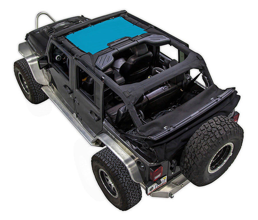 Black Rubicon JK four door Jeep with teal SPIDERWEBSHADE shade on top that only covers front seat riders from windshield frame extending to the rear to the sound bar. 
