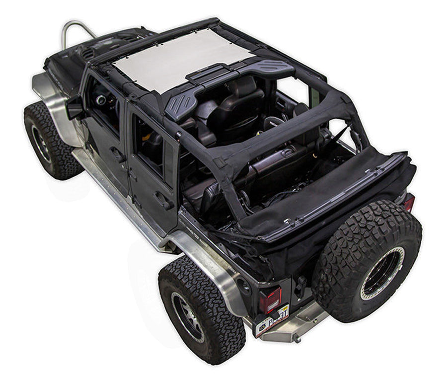 Black Rubicon JK four door Jeep with white SPIDERWEBSHADE shade on top that only covers front seat riders from windshield frame extending to the rear to the sound bar. 