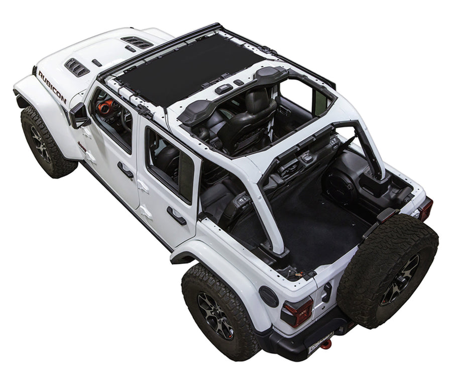 White Rubicon JL four door Jeep with black SPIDERWEBSHADE shade on top that only covers front seat riders from windshield frame extending to the rear to the sound bar. 