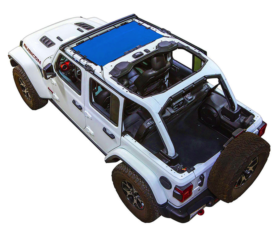 White Rubicon JL four door Jeep with blue SPIDERWEBSHADE shade on top that only covers front seat riders from windshield frame extending to the rear to the sound bar. 