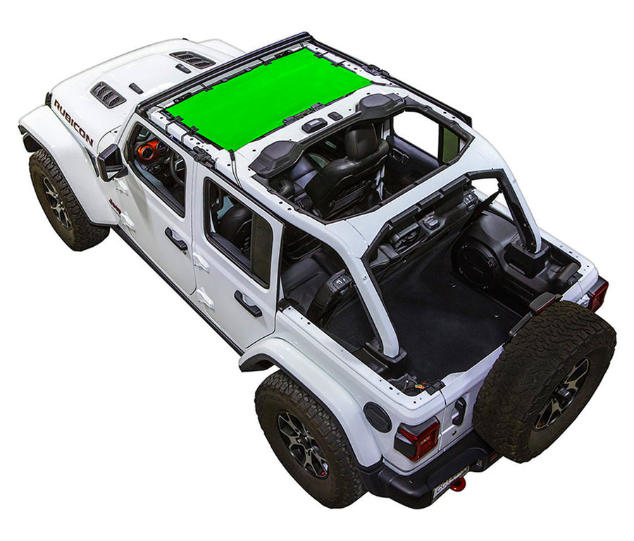 White Rubicon JL four door Jeep with green SPIDERWEBSHADE shade on top that only covers front seat riders from windshield frame extending to the rear to the sound bar. 