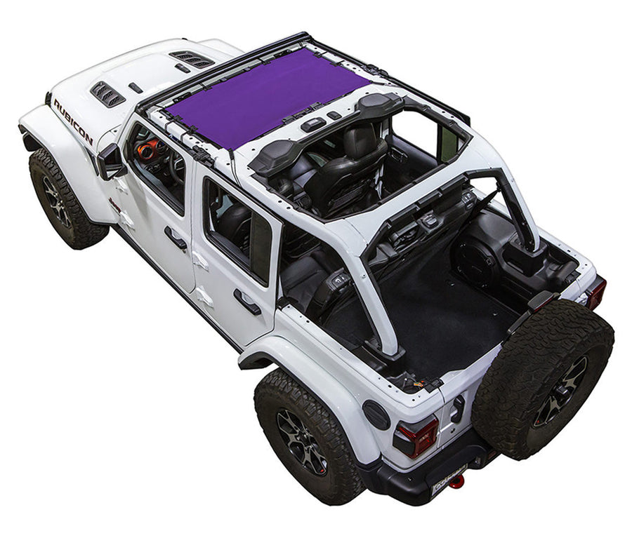 White Rubicon JL four door Jeep with purple SPIDERWEBSHADE shader on top that only covers front seat riders.