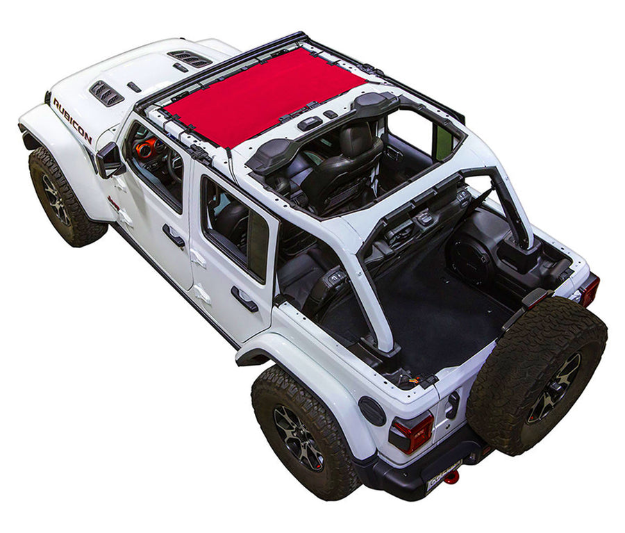 White Rubicon JL four door Jeep with red SPIDERWEBSHADE shade on top that only covers front seat riders from windshield frame extending to the rear to the sound bar. 