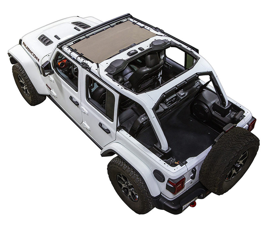White Rubicon JL four door Jeep with tan SPIDERWEBSHADE shade on top that only covers front seat riders from windshield frame extending to the rear to the sound bar. 