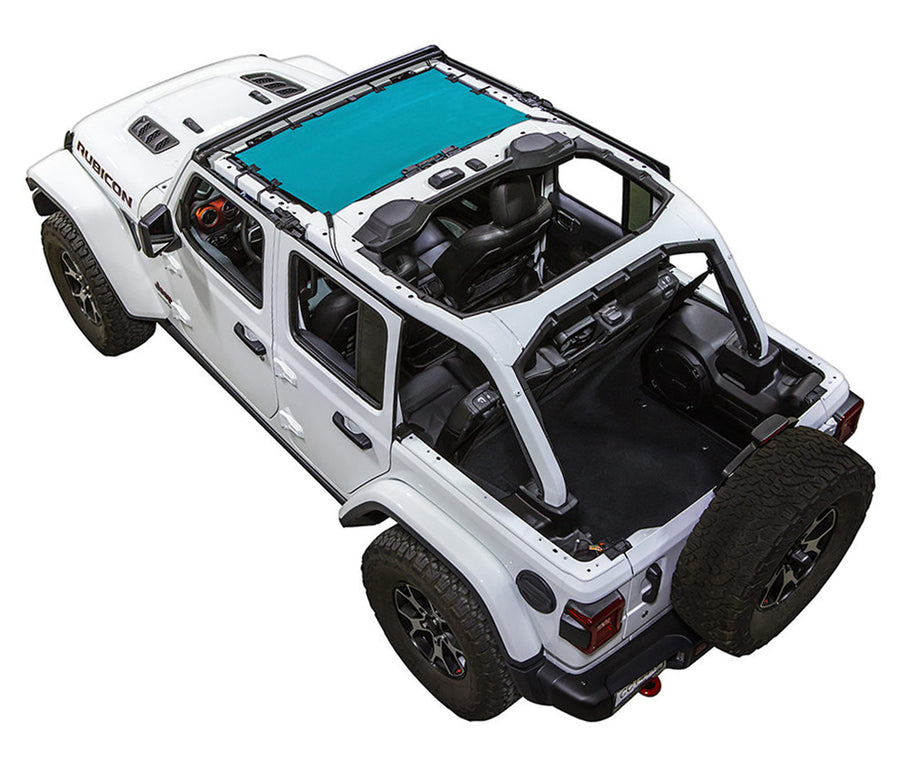 White Rubicon JL four door Jeep with teal SPIDERWEBSHADE shade on top that only covers front seat riders from windshield frame extending to the rear to the sound bar. 