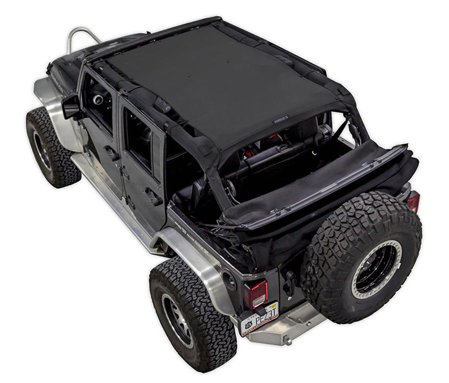 Black Rubicon JK four door Jeep with black SPIDERWEBSHADE shade on top that covers front and rear passenger seats. 
