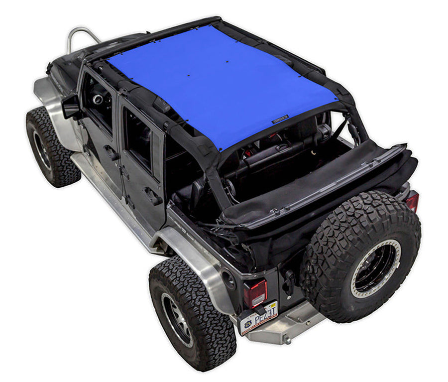 Black Rubicon JK four door Jeep with blue SPIDERWEBSHADE shade on top that covers front and rear passenger seats. 