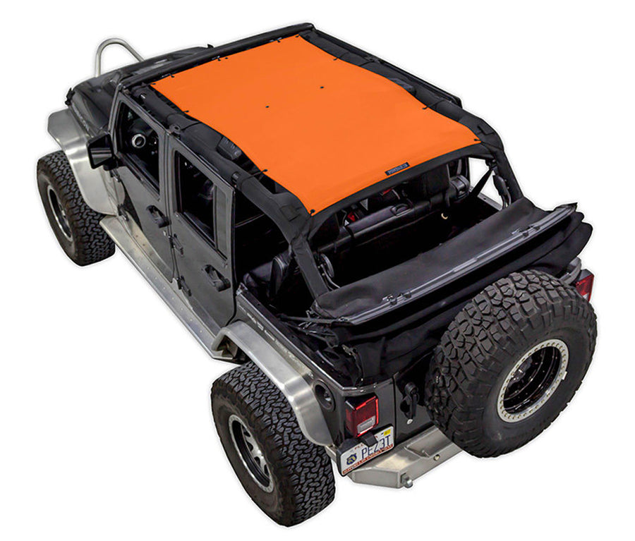 Black Rubicon JK four door Jeep with orange SPIDERWEBSHADE shade on top that covers front and rear passenger seats. 