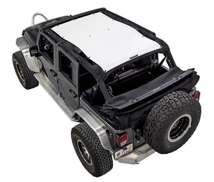 Black Rubicon JK four door Jeep with white SPIDERWEBSHADE shade on top that covers front and rear passenger seats. 
