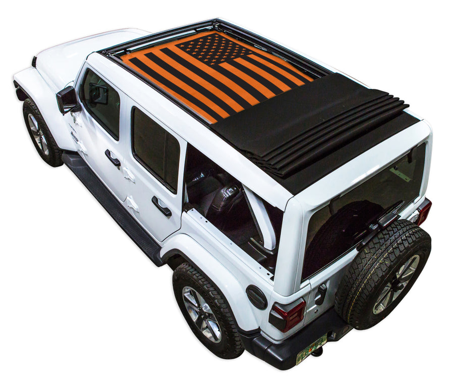 White JL four door Power Top Jeep with Solid Tactical American Flag orange SPIDERWEBSHADE shade on top that covers front and rear passenger seats.
