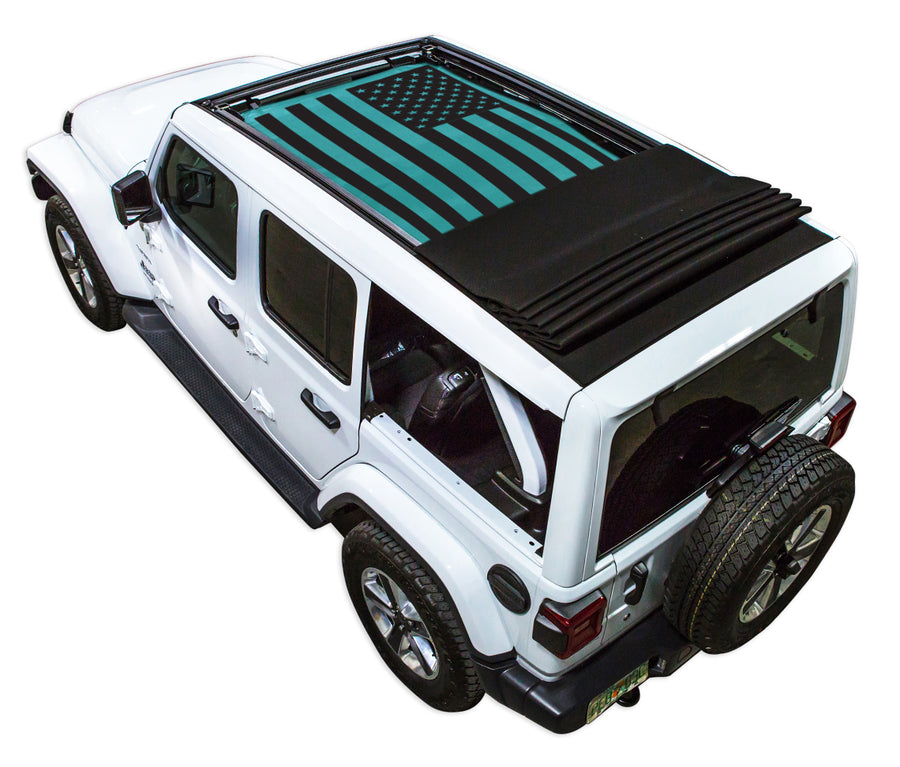 White JL four door Power Top Jeep with Solid Tactical American Flag teal SPIDERWEBSHADE shade on top that covers front and rear passenger seats.