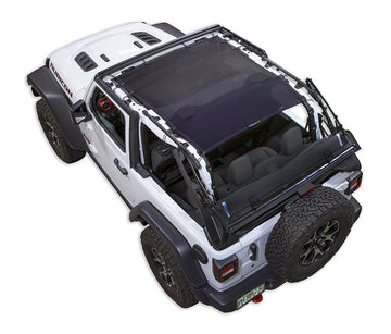 White Rubicon JL two door Jeep with black SPIDERWEBSHADE shader on top.