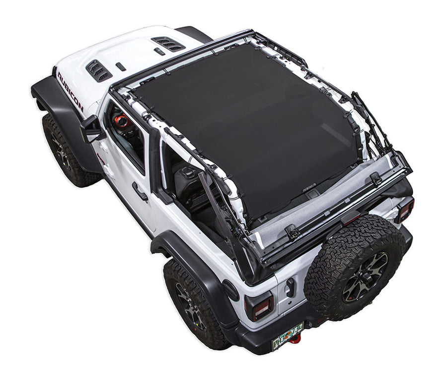 White Rubicon JL two door Jeep with black SPIDERWEBSHADE shade on top that covers entire roof of jeep and extends to roll cage /tailgate/ cargo area.