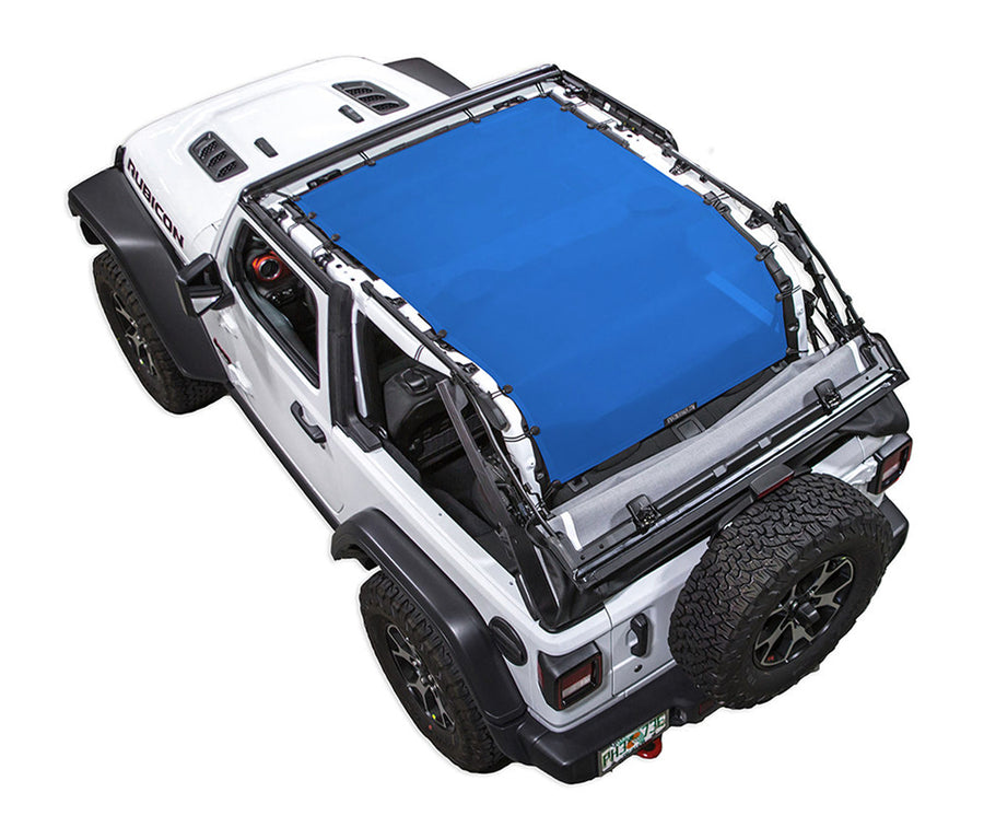 White Rubicon JL two door Jeep with blue SPIDERWEBSHADE shade on top that covers entire roof of jeep and extends to roll cage /tailgate/ cargo area.