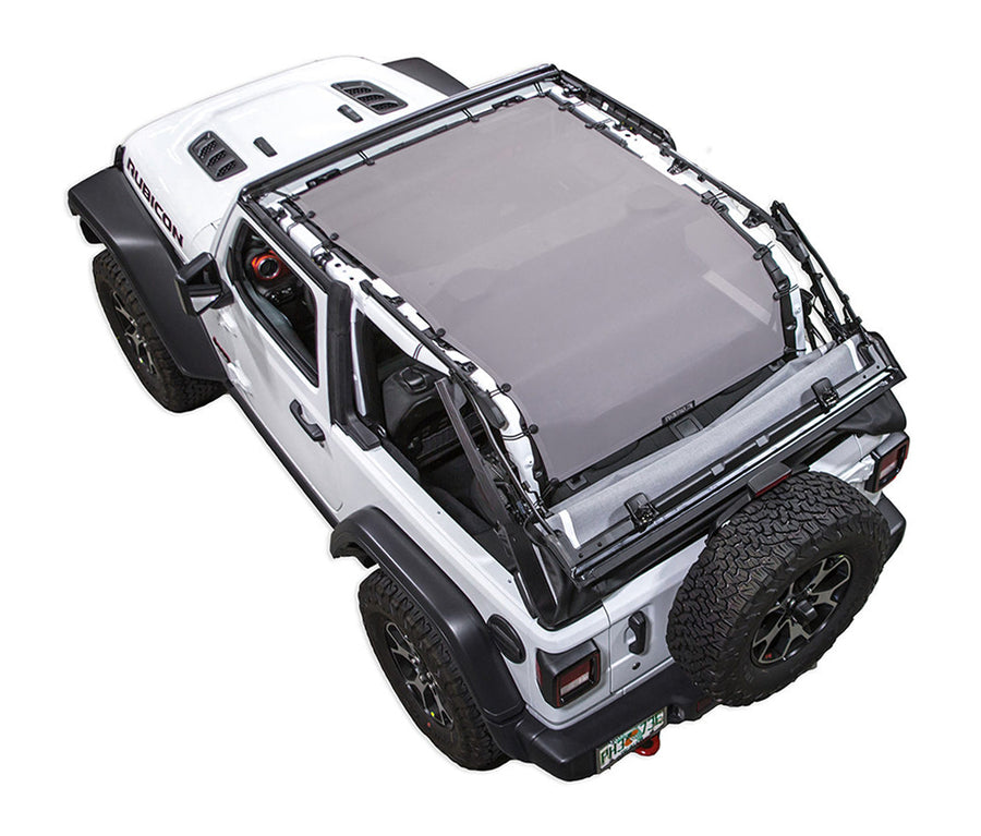 White Rubicon JL two door Jeep with grey SPIDERWEBSHADE shade on top that covers entire roof of jeep and extends to roll cage /tailgate/ cargo area.