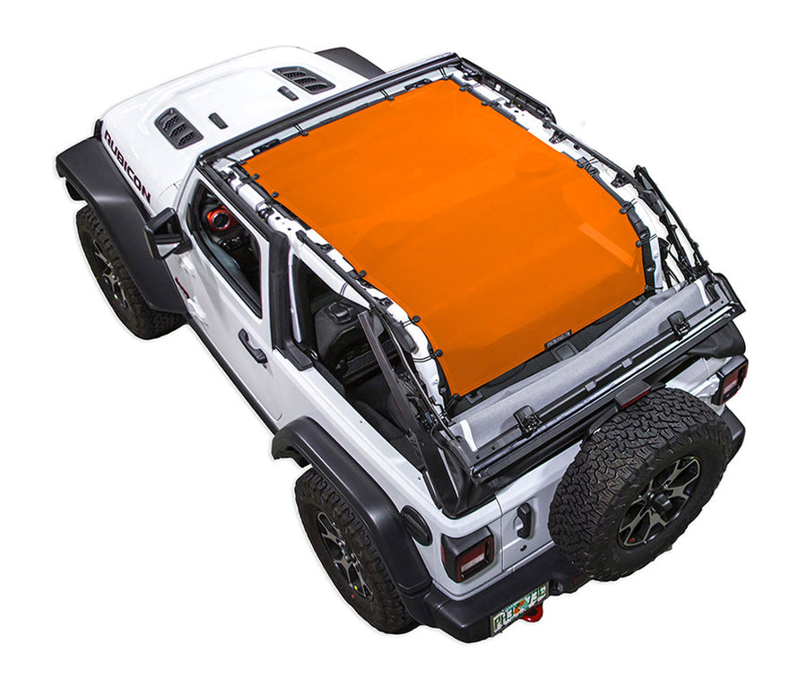White Rubicon JL two door Jeep with orange SPIDERWEBSHADE shade on top that covers entire roof of jeep and extends to roll cage /tailgate/ cargo area.
