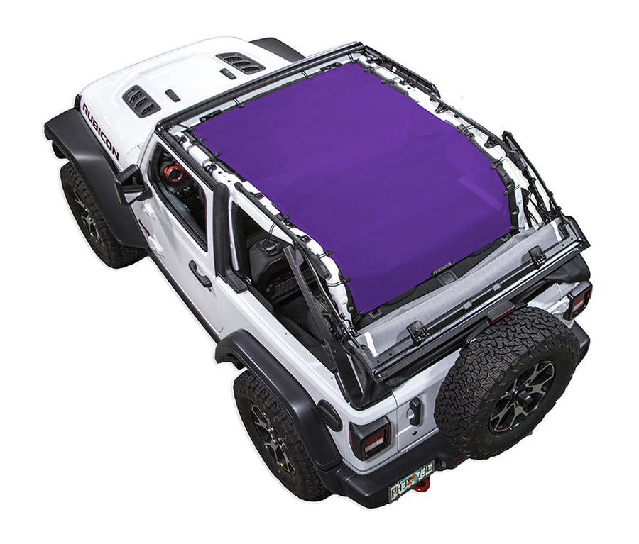 White Rubicon JL two door Jeep with purple SPIDERWEBSHADE shade on top that covers entire roof of jeep and extends to roll cage /tailgate/ cargo area.