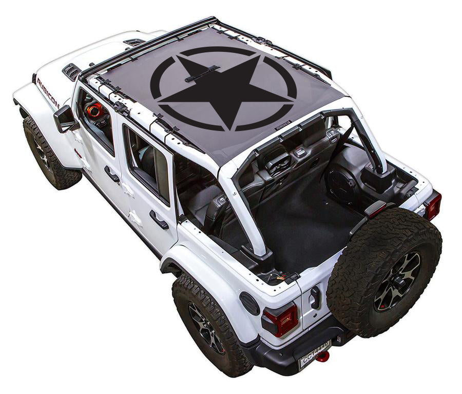 White Rubicon JL four door Jeep with Solid Oscar Mike grey SPIDERWEBSHADE shade on top that covers front and rear passenger seats.