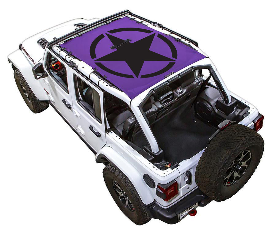 White Rubicon JL four door Jeep with Solid Oscar Mike Purple SPIDERWEBSHADE shade on top that covers front and rear passenger seats.