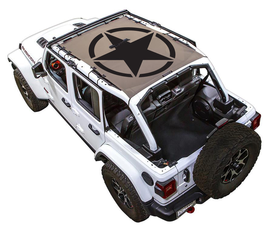 White Rubicon JL four door Jeep with Solid Oscar Mike tan SPIDERWEBSHADE shade on top that covers front and rear passenger seats.