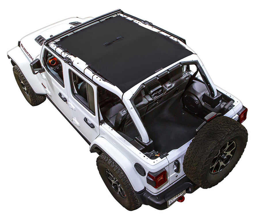 White Rubicon JL four door Jeep with blue SPIDERWEBSHADE shade on top that covers front and rear passenger seats. 