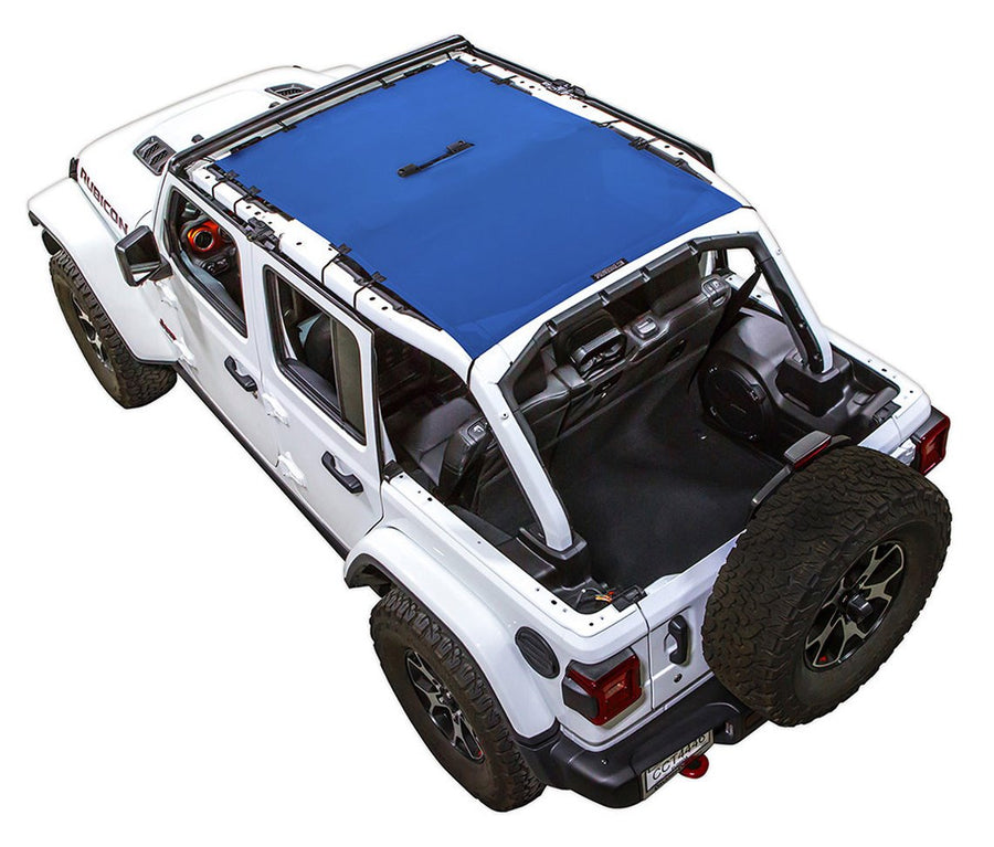 White Rubicon JL four door Jeep with blue SPIDERWEBSHADE shade on top that covers front and rear passenger seats.