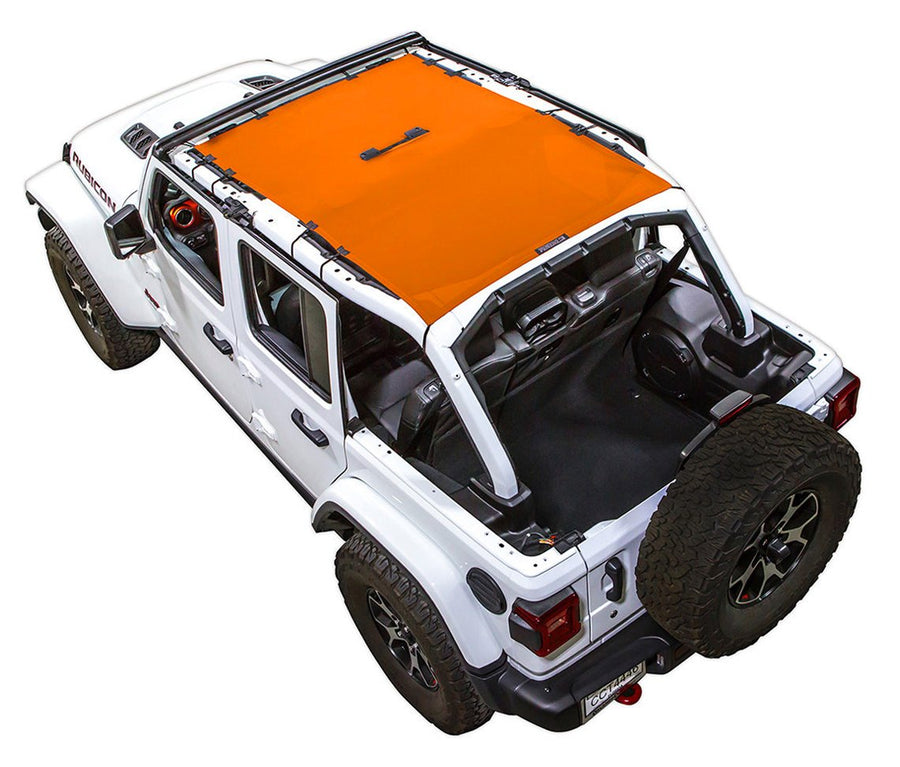 White Rubicon JL four door Jeep with orange SPIDERWEBSHADE shade on top that covers front and rear passenger seats.