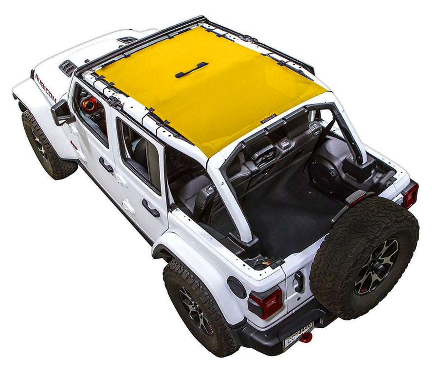 White Rubicon JL four door Jeep with yellow SPIDERWEBSHADE shade on top that covers front and rear passenger seats.