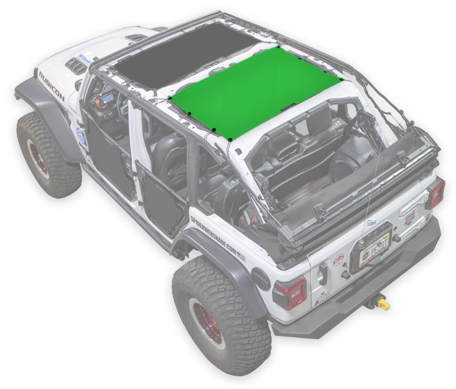 White Rubicon JL four door Jeep with green SPIDERWEBSHADE shade on top that only covers rear passenger seats from the sound bar to the back cross member of the roll cage.