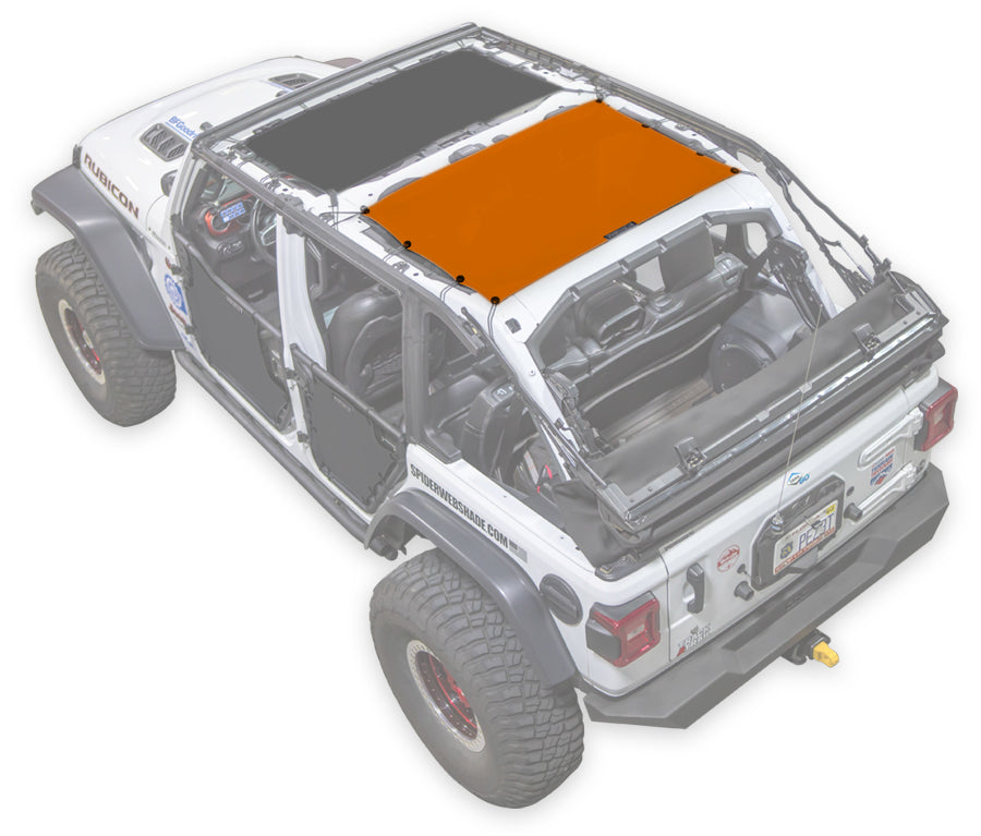 White Rubicon JL four door Jeep with orange SPIDERWEBSHADE shade on top that only covers rear passenger seats from the sound bar to the back cross member of the roll cage.