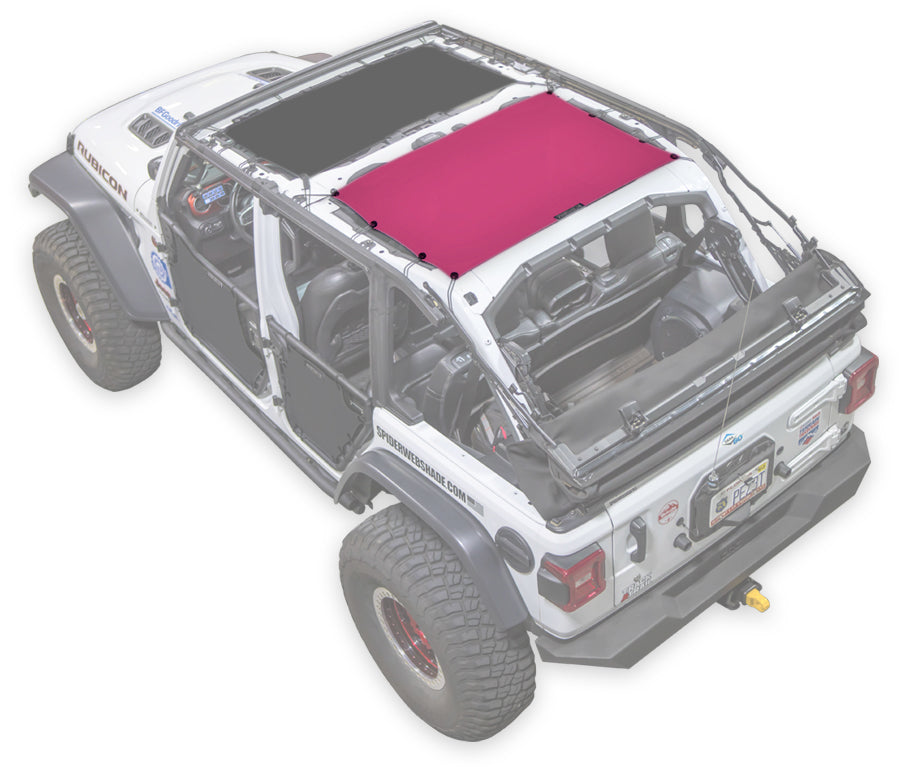 White Rubicon JL four door Jeep with pink SPIDERWEBSHADE shade on top that only covers rear passenger seats from the sound bar to the back cross member of the roll cage.