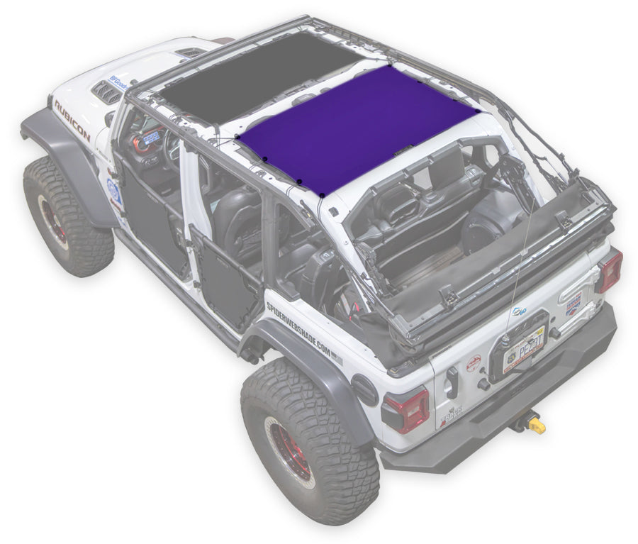 White Rubicon JL four door Jeep with purple SPIDERWEBSHADE shade on top that only covers rear passenger seats from the sound bar to the back cross member of the roll cage.